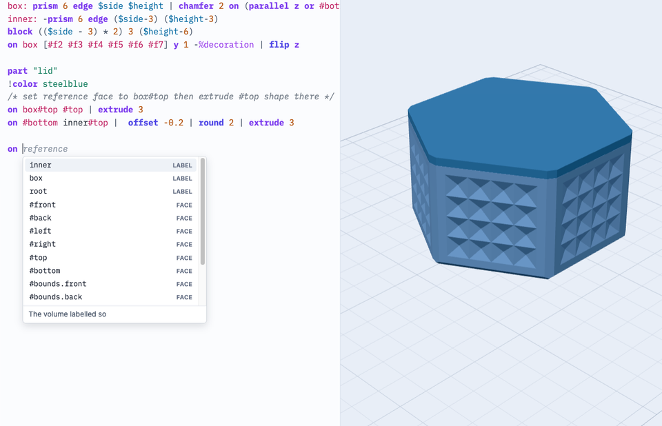 An autocomplete menu suggests labels and faces from the script beside a preview of a blue jewelry box.