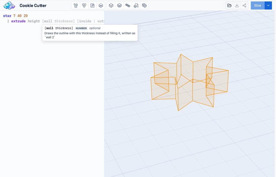 Inline parameter hints and a tooltip explain wall thickness while modeling a star-shaped cookie cutter.
