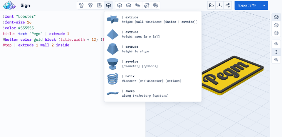 The command browser shows illustrated extrude, revolve, helix and sweep operations beside a 3D sign.